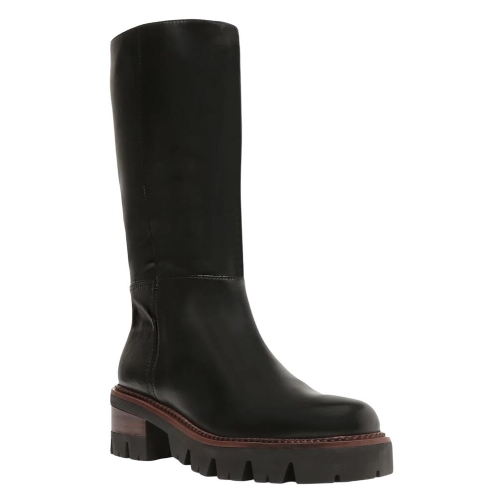Arezzo Women's Bailey Leather Mid Shaft Tractor Boots Black Size 8